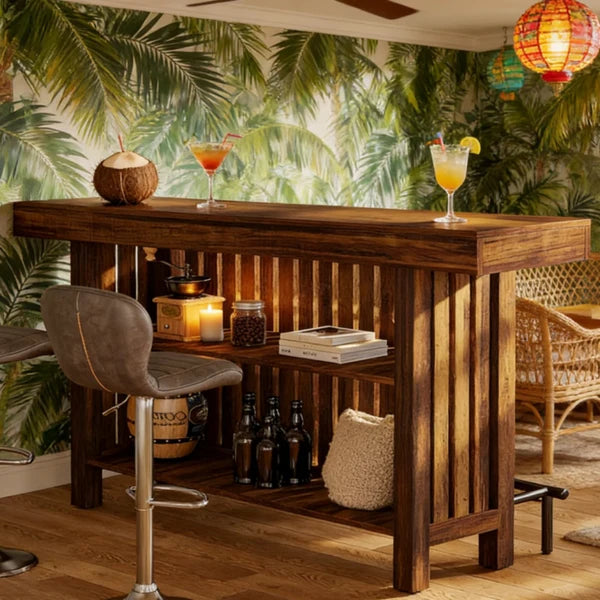 Dark Wood Bar Table with Integrated Storage