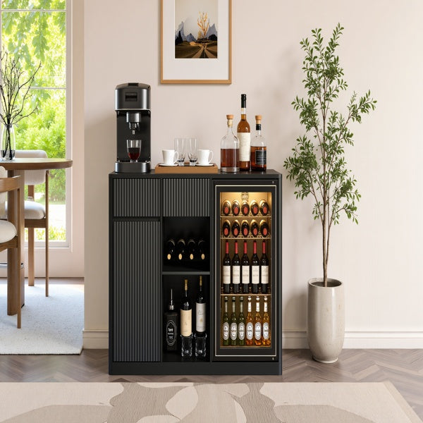 Black Fluted Bar Cabinet with Fridge Compartment & Charging Station