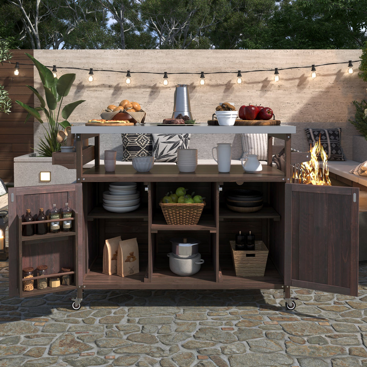 Dark Brown Outdoor Kitchen Island with Stainless Steel Top