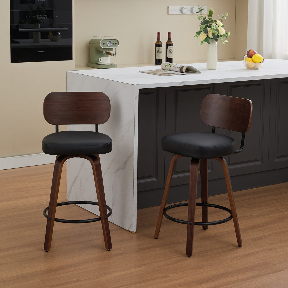 Walnut + Black Swivel Counter Stools, Set of 2