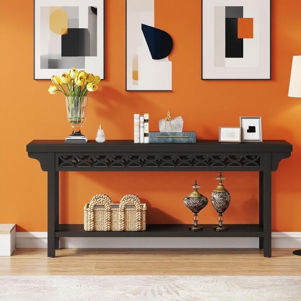 Black Solid Wood Console Table with Lower Shelf