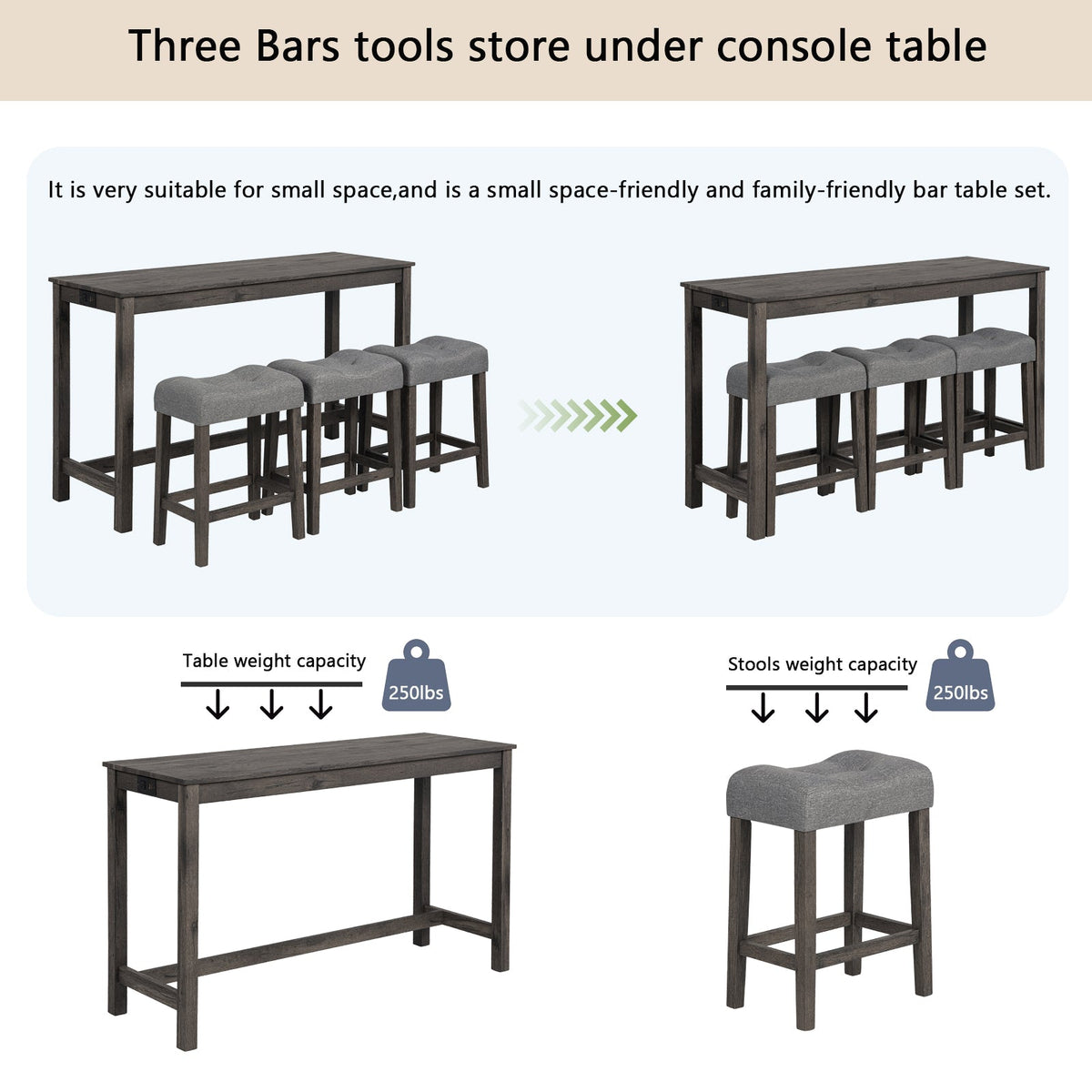 4-Piece Counter-Height Bar Table Set with 3 Upholstered Stools