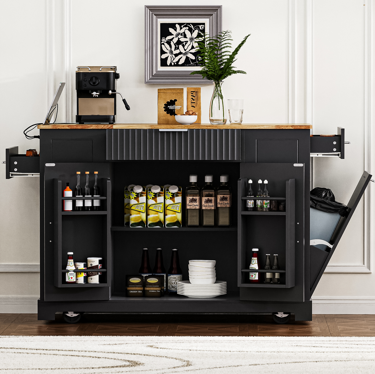 Black Fluted Kitchen Island with Concealed Trash Storage & Power