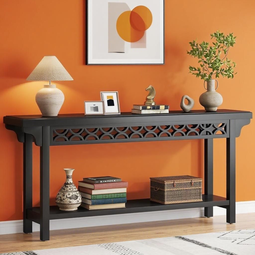 Black Solid Wood Console Table with Lower Shelf