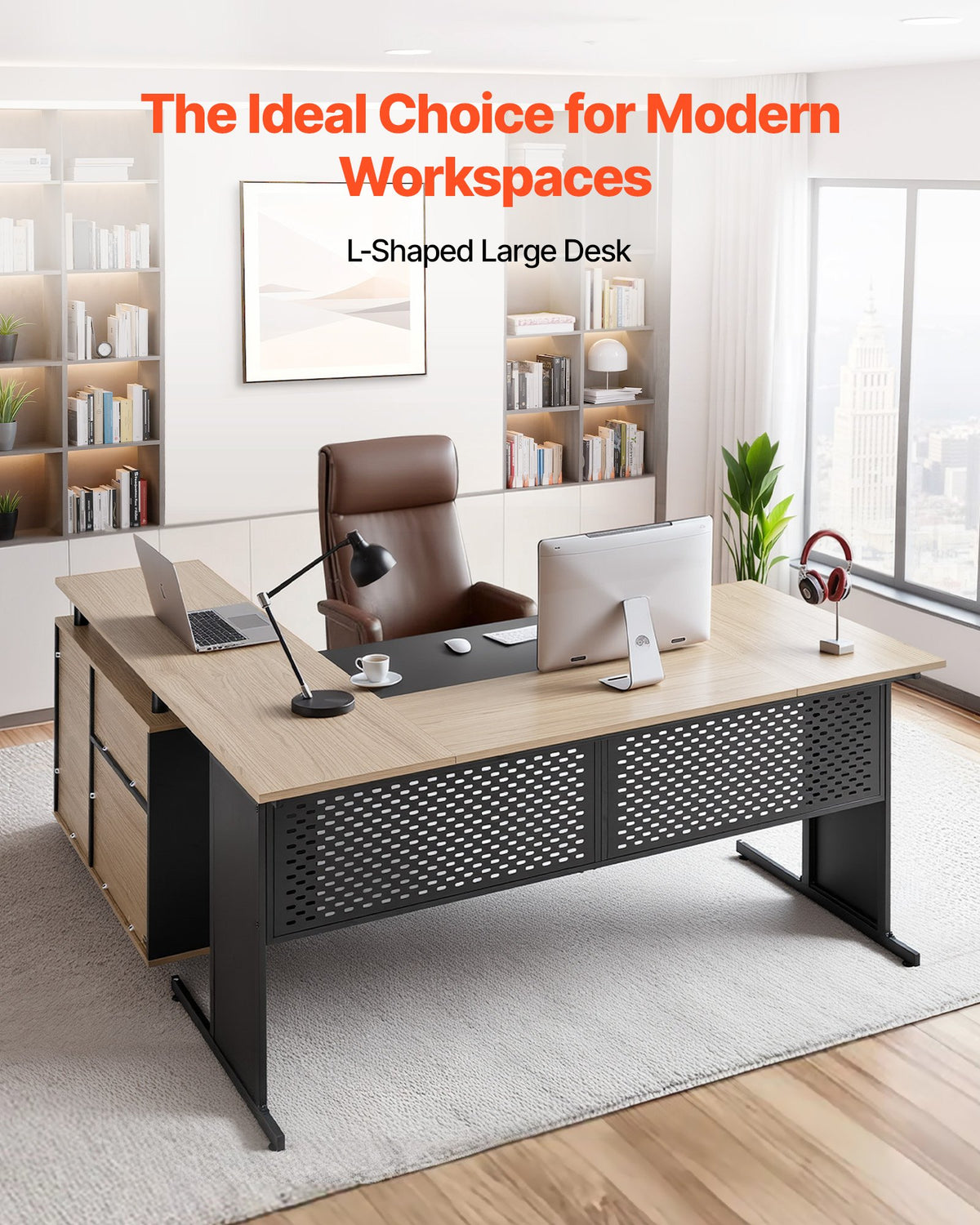 Walnut & Black Executive L-Shaped Desk with Storage