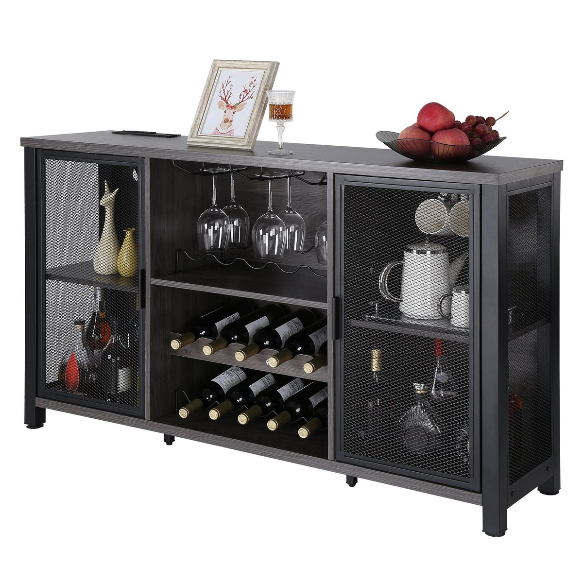 Industrial Bar Cabinet with Wine Storage & Built-In Power