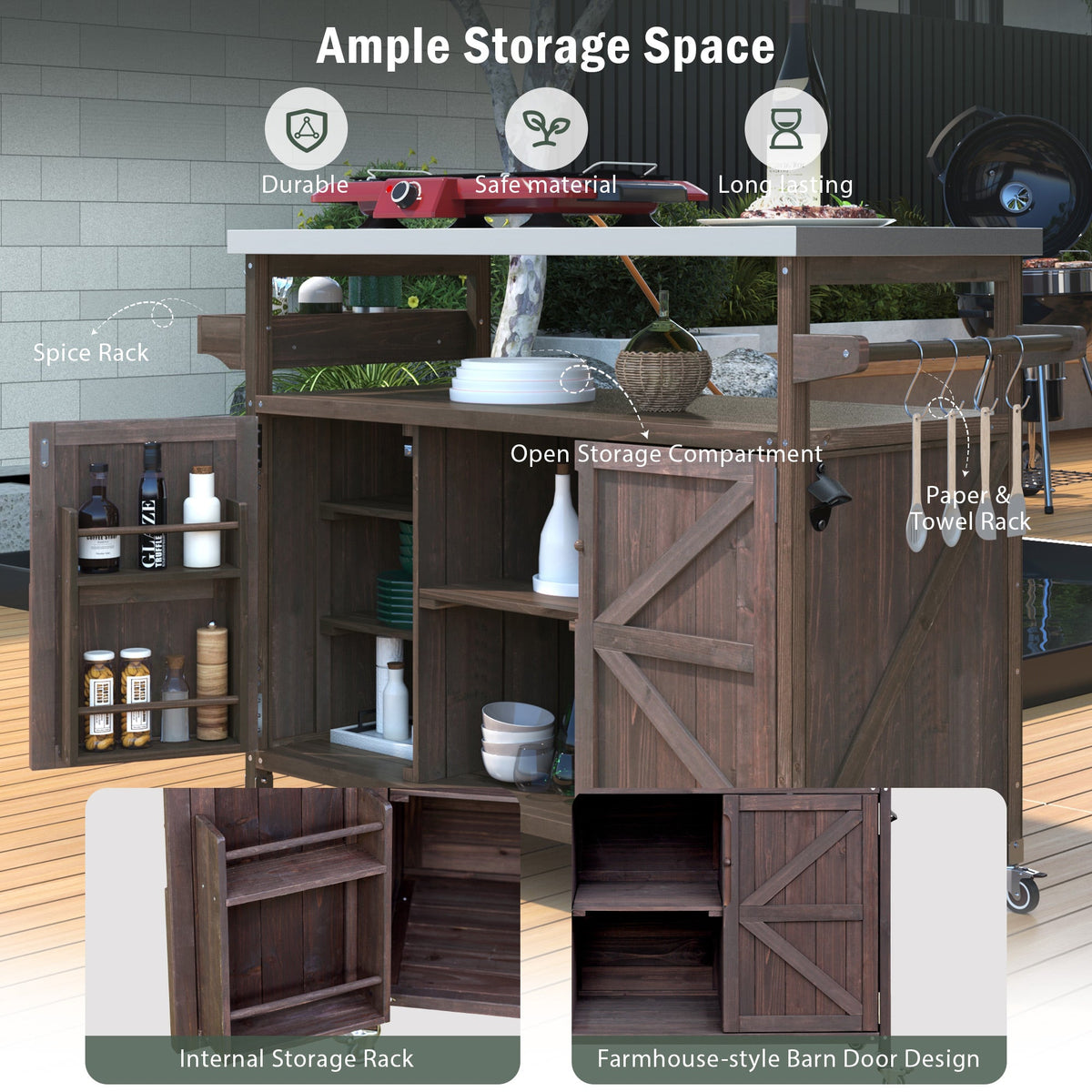 Dark Brown Outdoor Kitchen Island with Stainless Steel Top