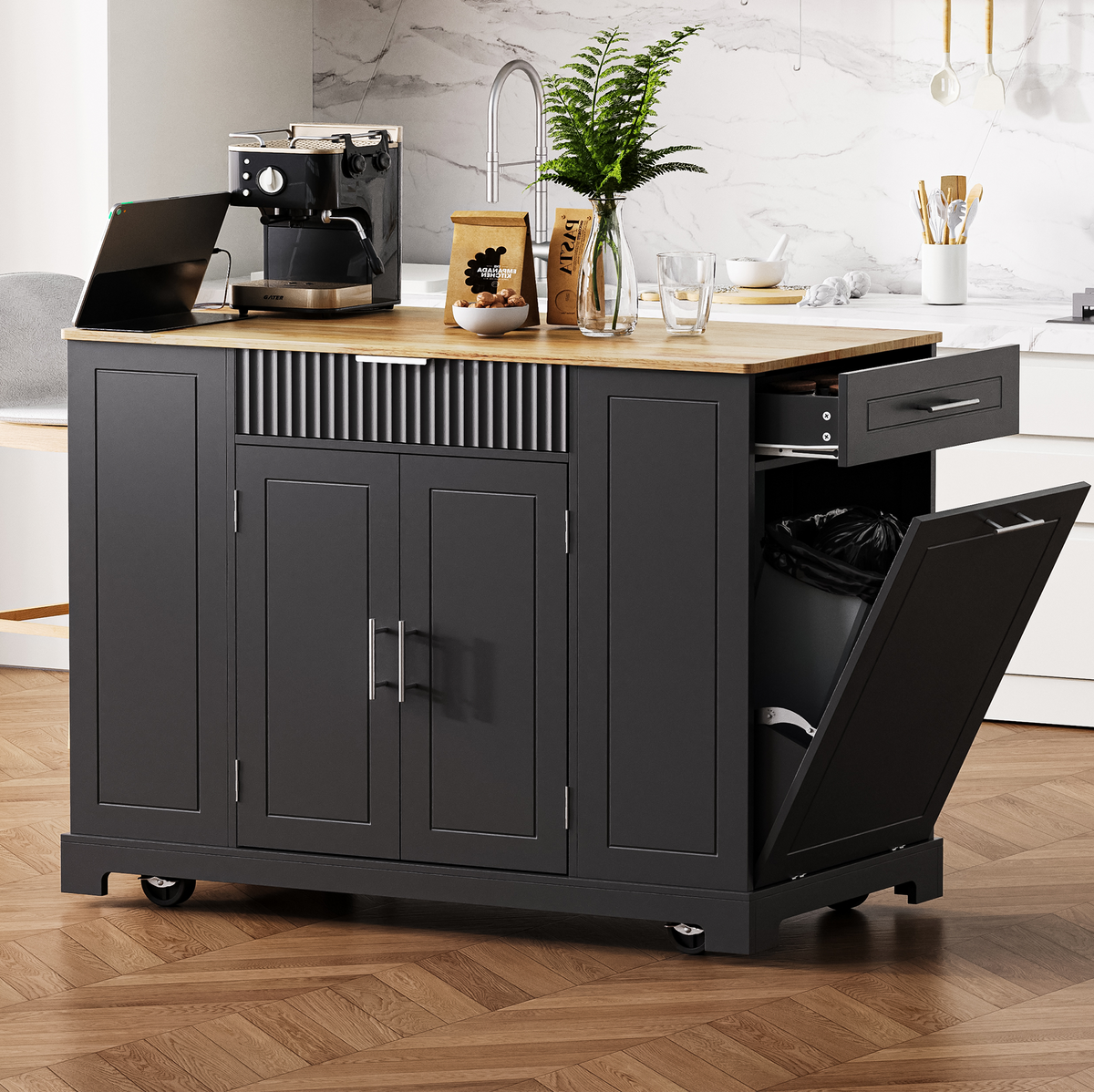 Black Fluted Kitchen Island with Concealed Trash Storage & Power