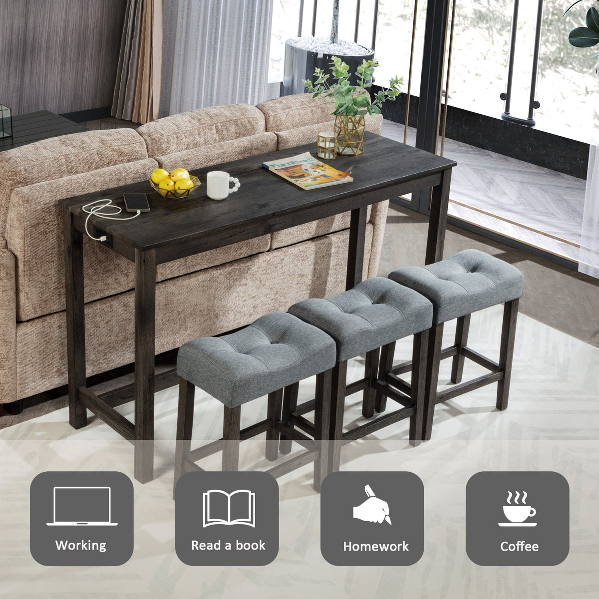 4-Piece Counter-Height Bar Table Set with 3 Upholstered Stools