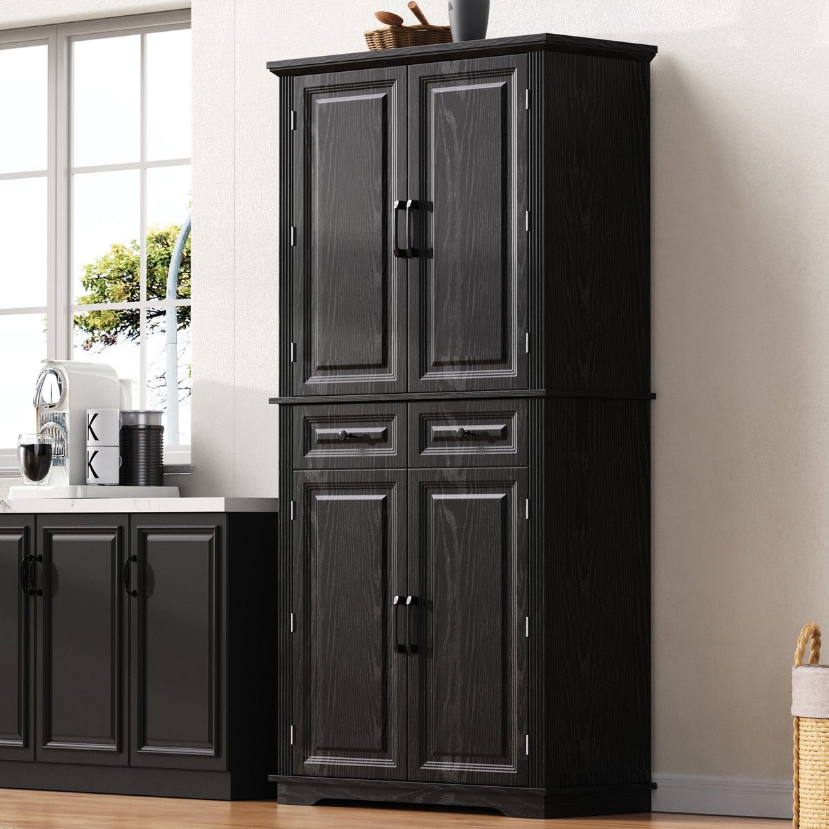 Black 71" Pantry Storage Cabinet with Pull-Out Organizers
