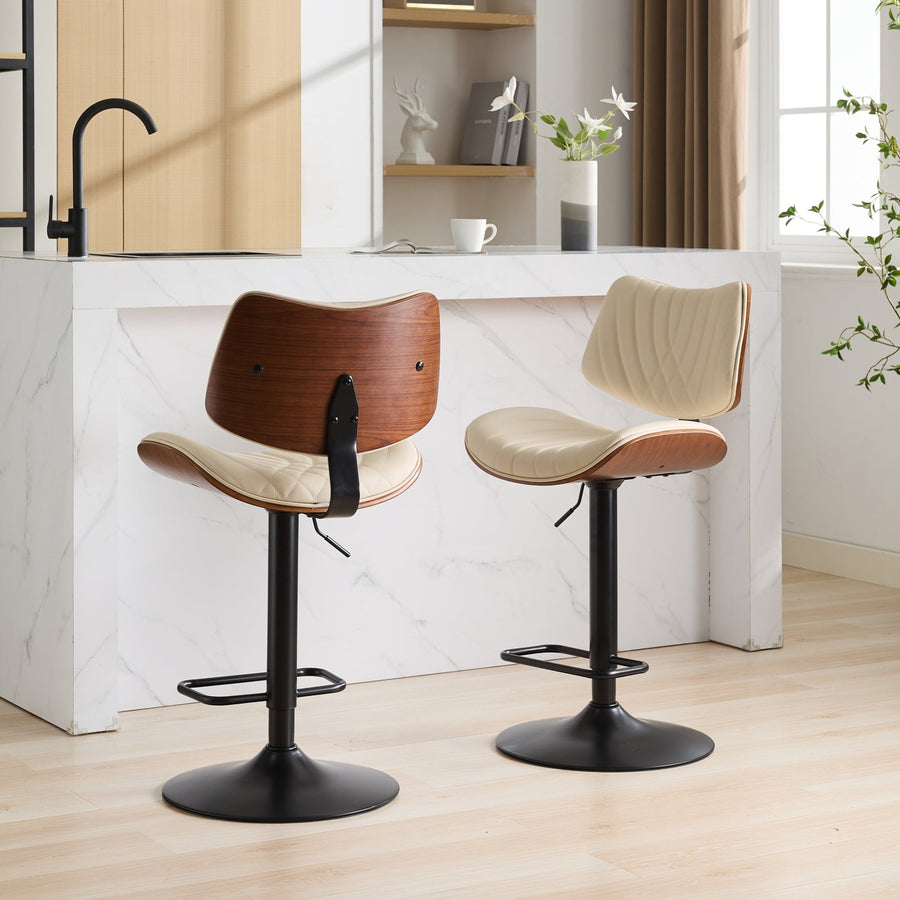 Walnut + Beige Adjustable Swivel Bar Stools, Set of 2