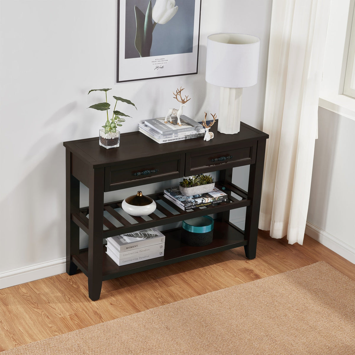 Light Coffee Console Table with Drawers & Open Shelves