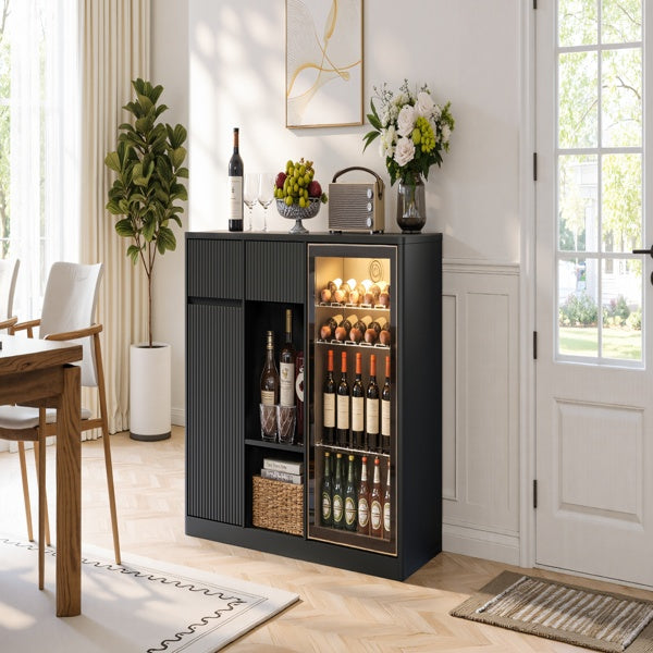 Black Fluted Bar Cabinet with Fridge Compartment & Charging Station