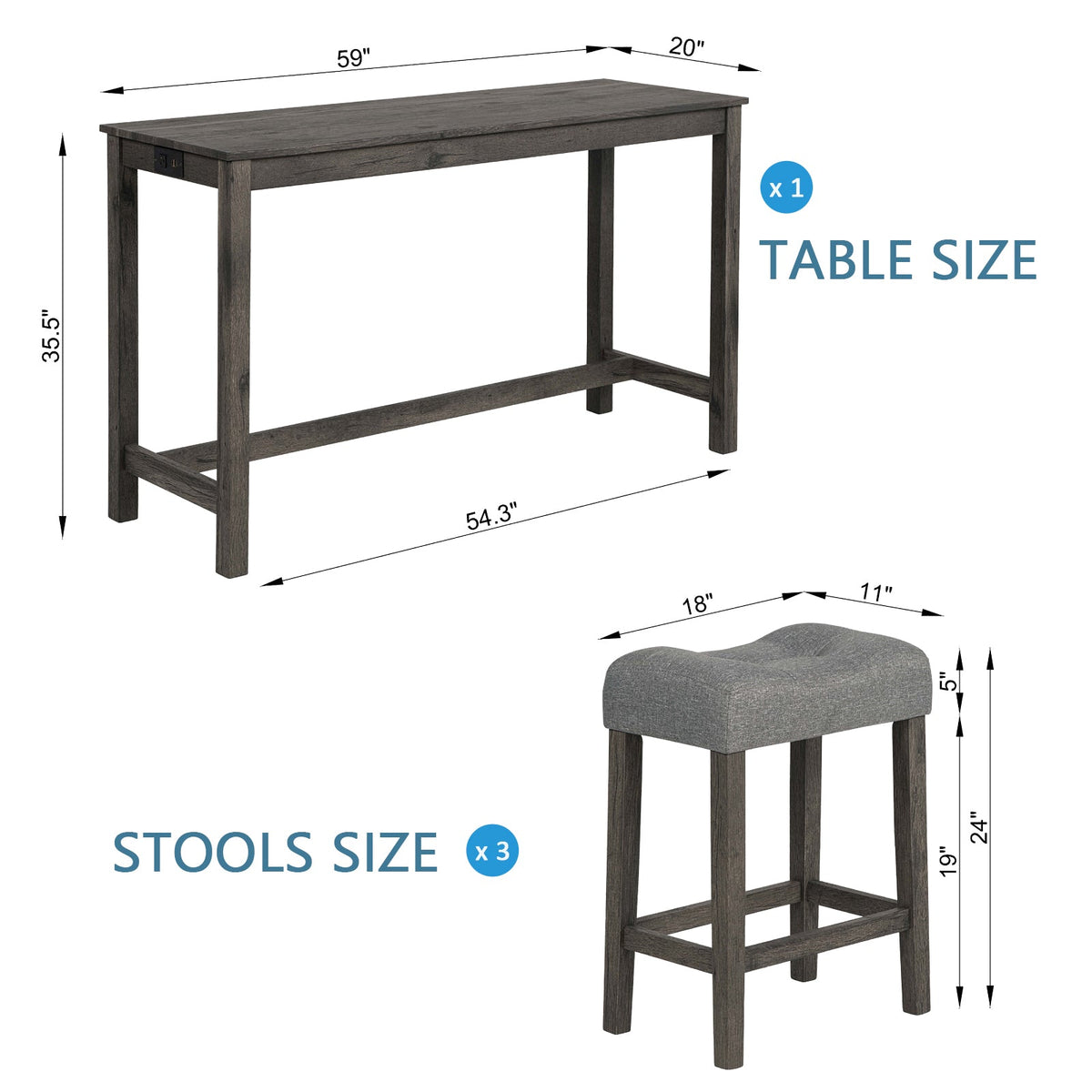 4-Piece Counter-Height Bar Table Set with 3 Upholstered Stools