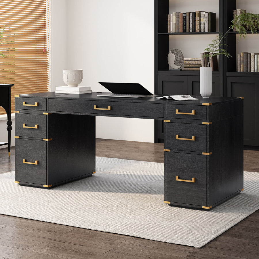 70" Black + Gold Executive Desk with Integrated Storage & Power