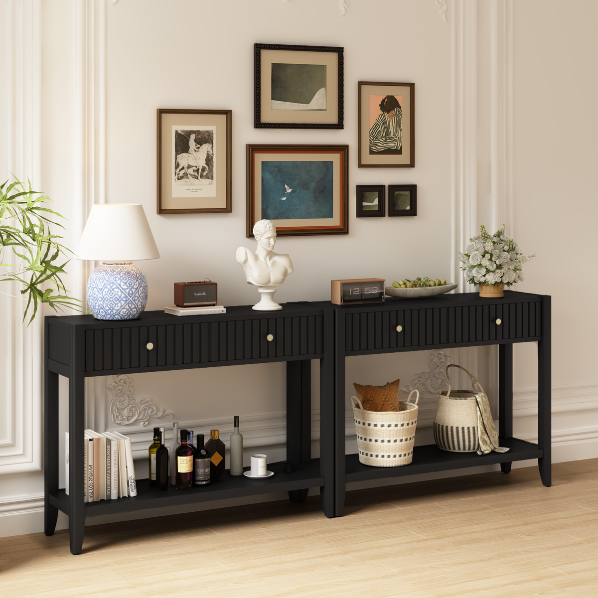 Black Fluted Console Table with Drawers