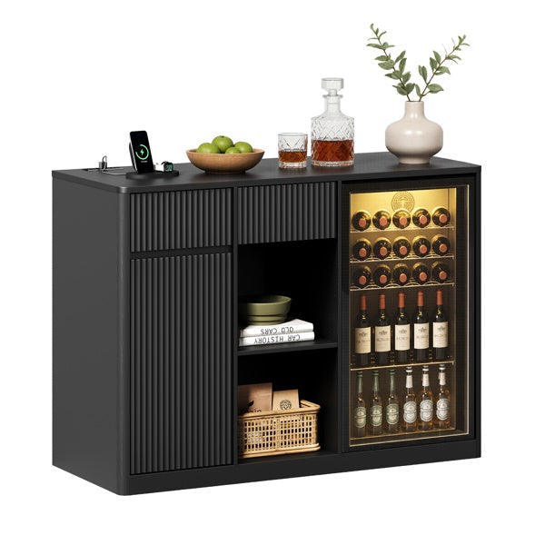 Black Fluted Bar Cabinet with Fridge Compartment & Charging Station