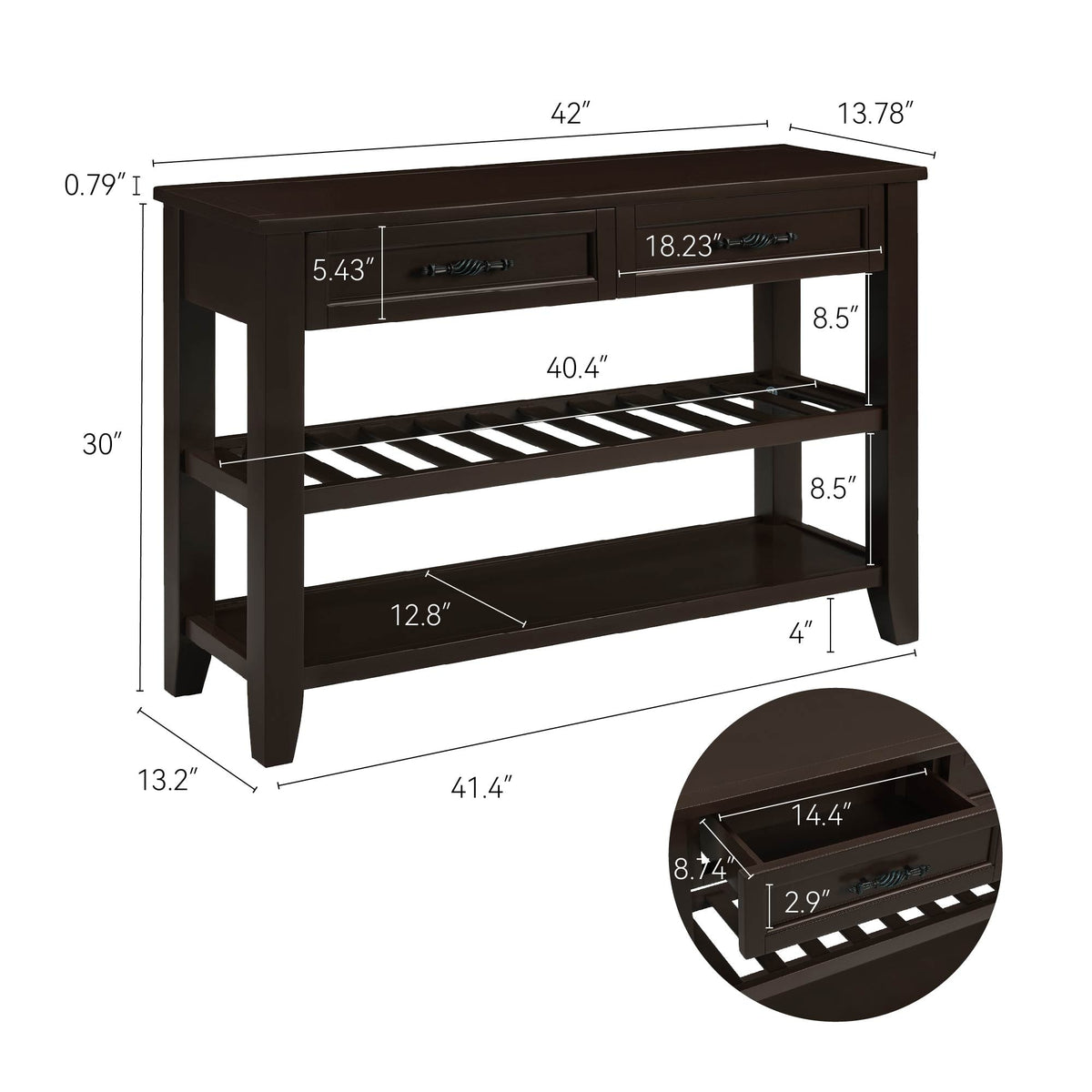 Light Coffee Console Table with Drawers & Open Shelves