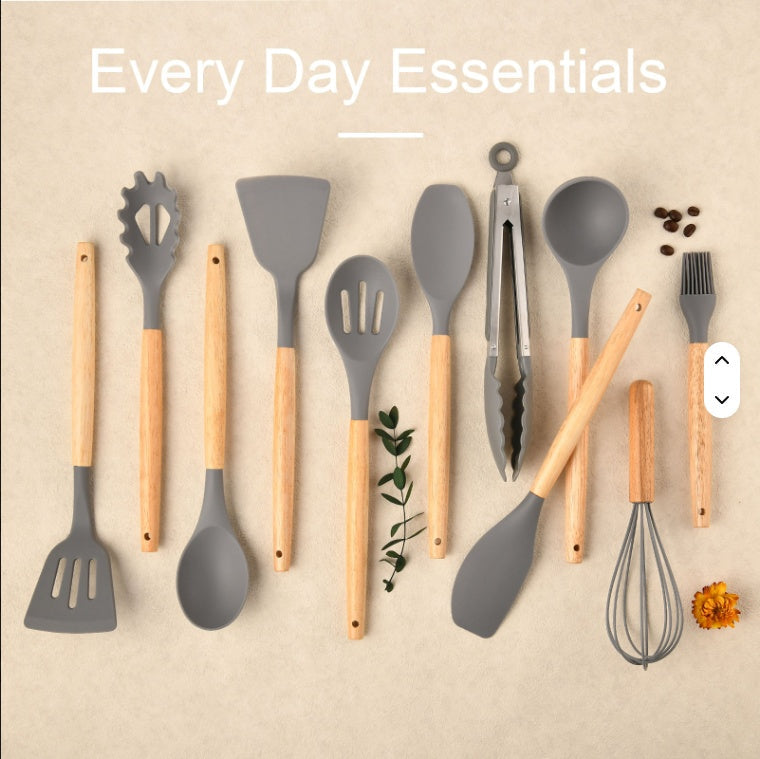 12-Piece Silicone Cooking Utensil Set with Wood Handles