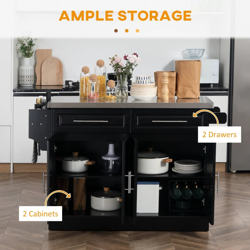 Charcoal Black Rolling Kitchen Island with Stainless Steel Top