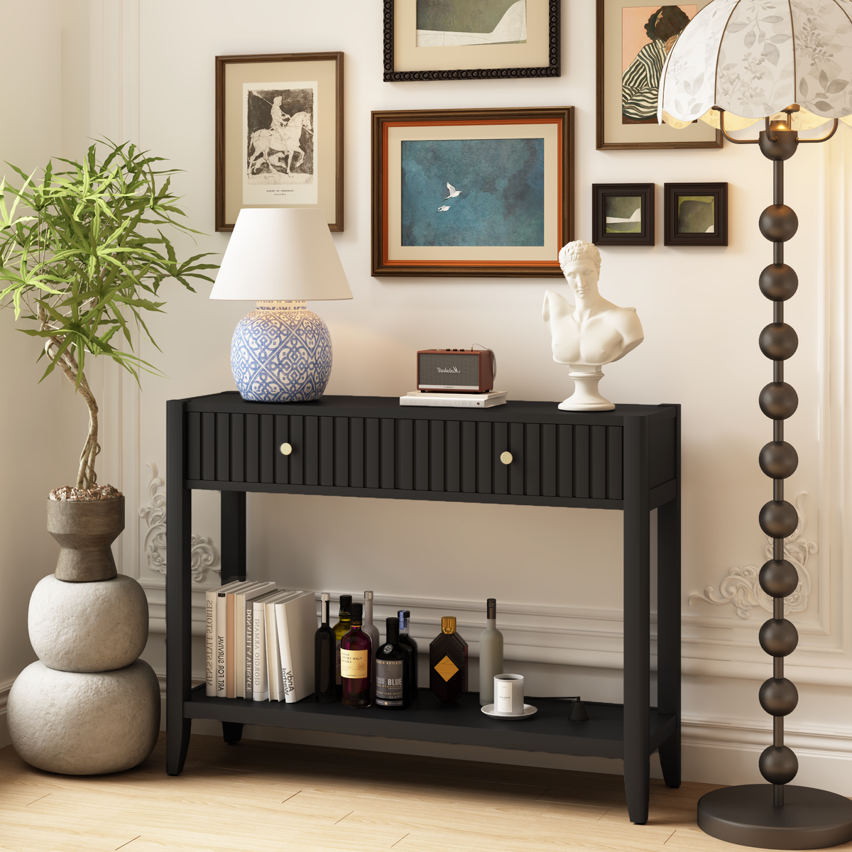 Black Fluted Console Table with Drawers