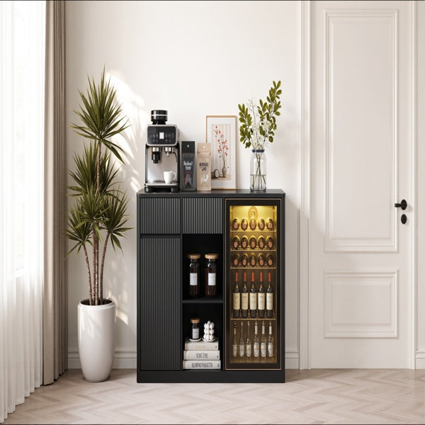 Black Fluted Bar Cabinet with Fridge Compartment & Charging Station