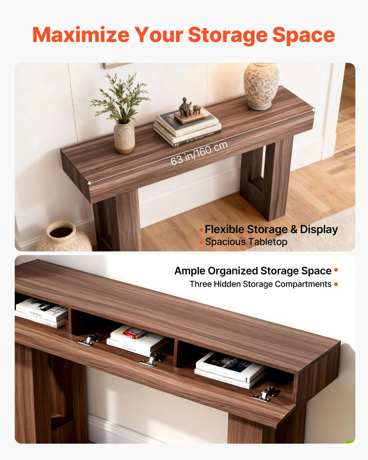 63" Brown Narrow Console Table with Hidden Storage