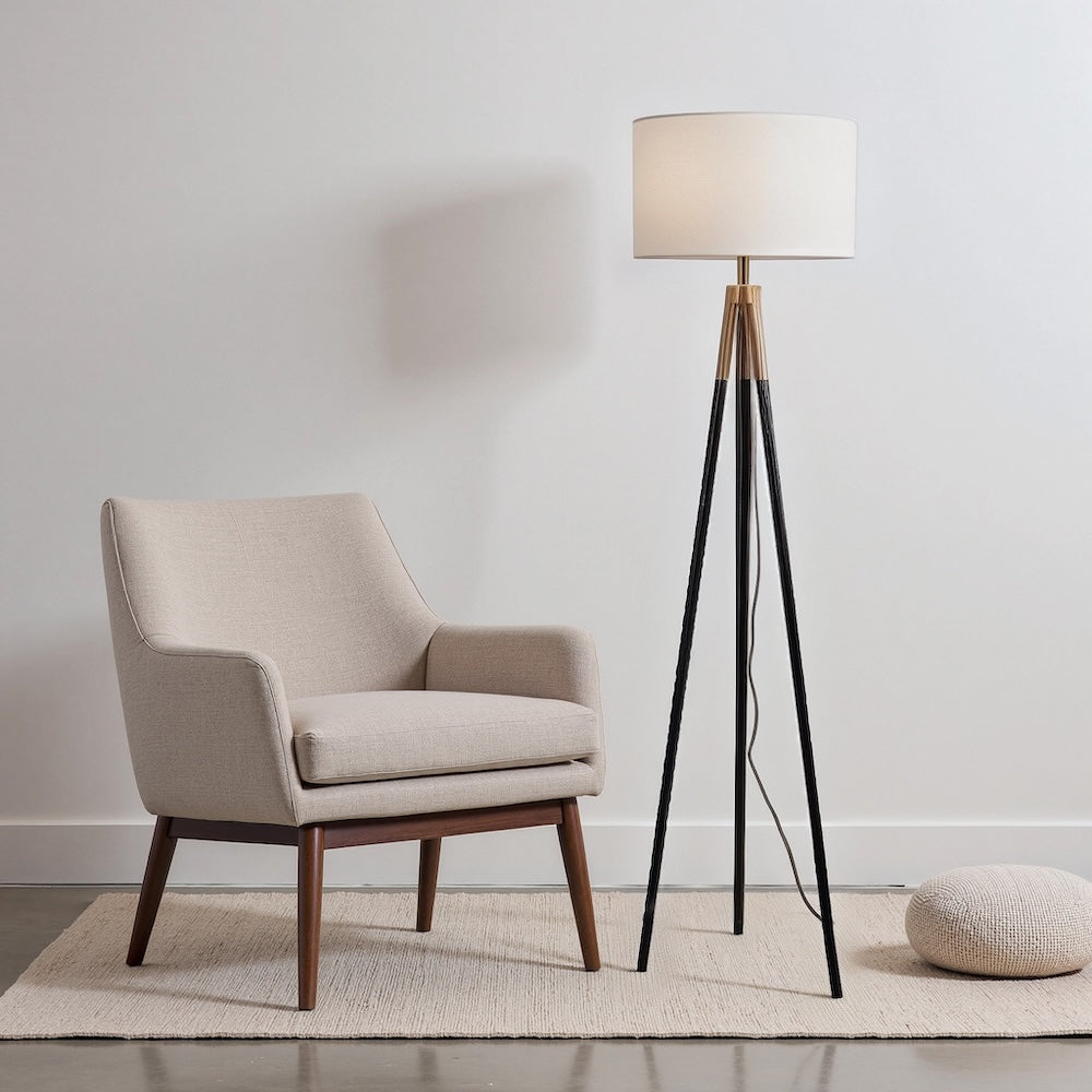 Black + Brushed Gold Tripod Floor Lamp