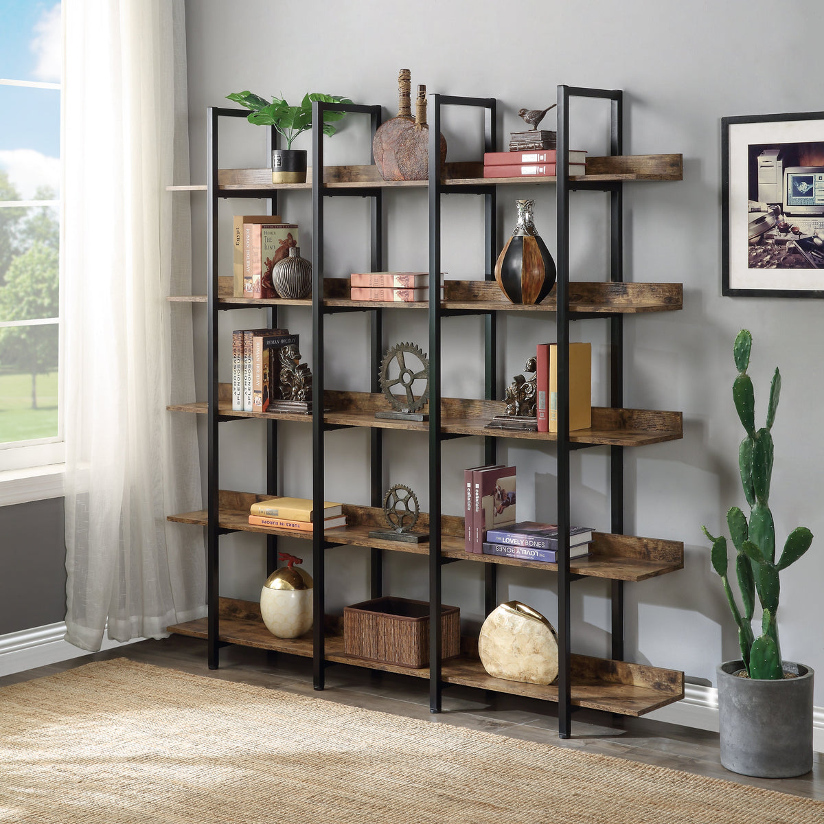 Brown 5-Tier Open Bookcase with Steel Frame