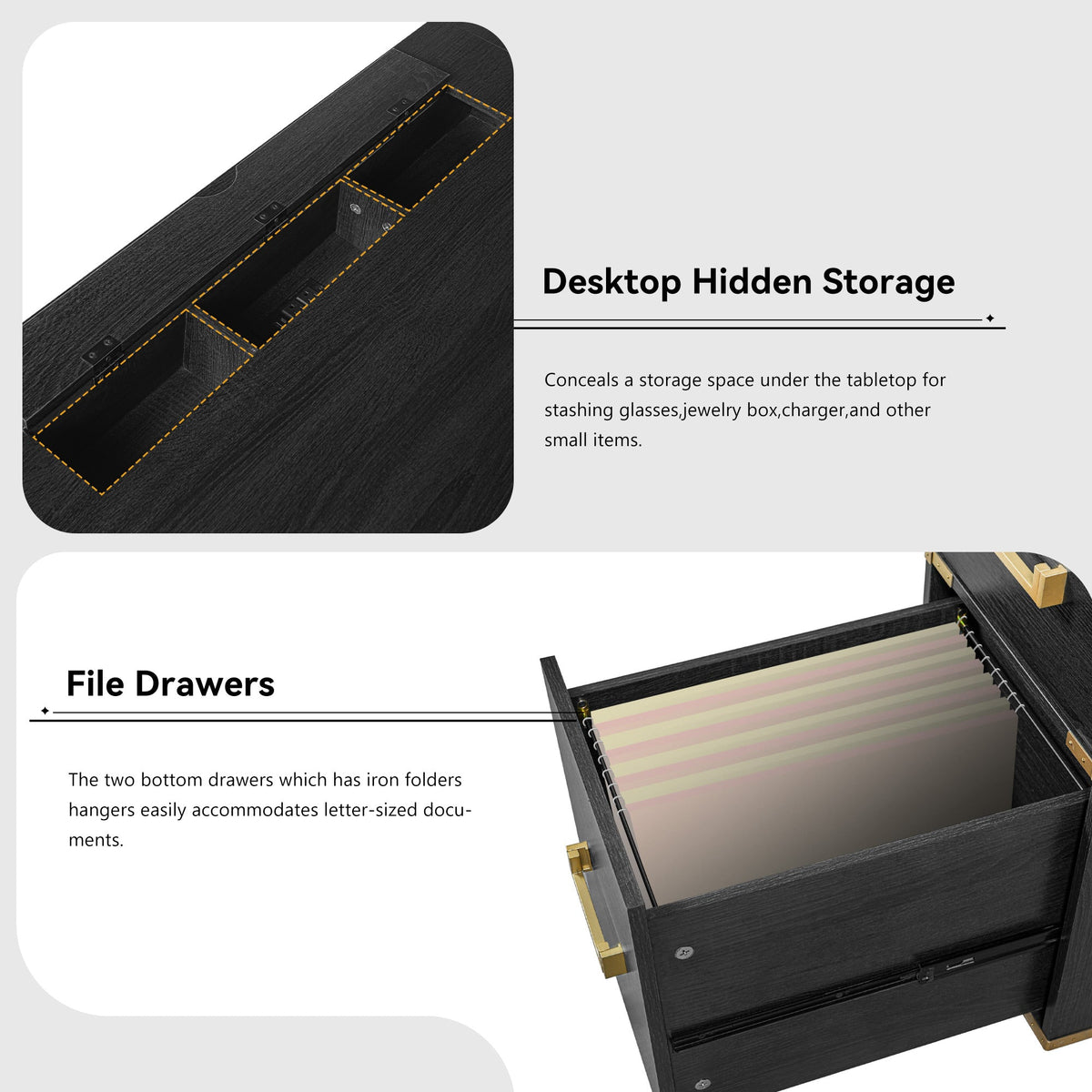 70" Black + Gold Executive Desk with Integrated Storage & Power