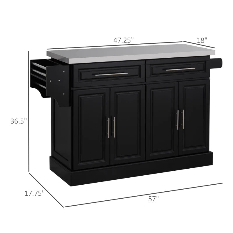Charcoal Black Rolling Kitchen Island with Stainless Steel Top