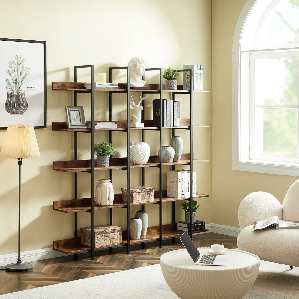 Brown 5-Tier Open Bookcase with Steel Frame