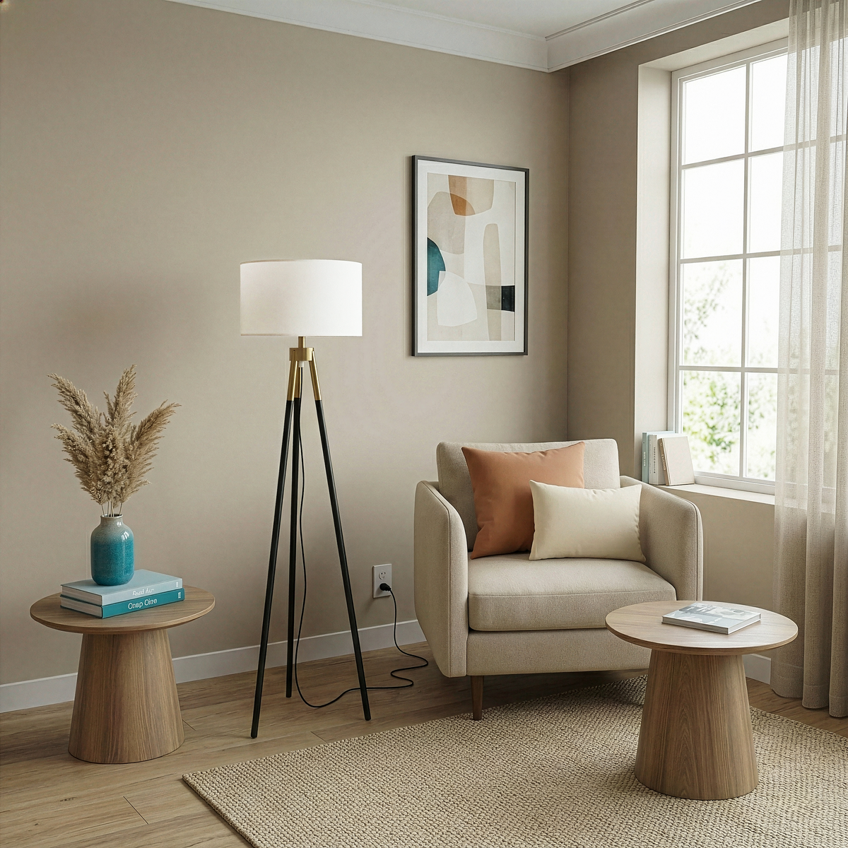 Black + Brushed Gold Tripod Floor Lamp