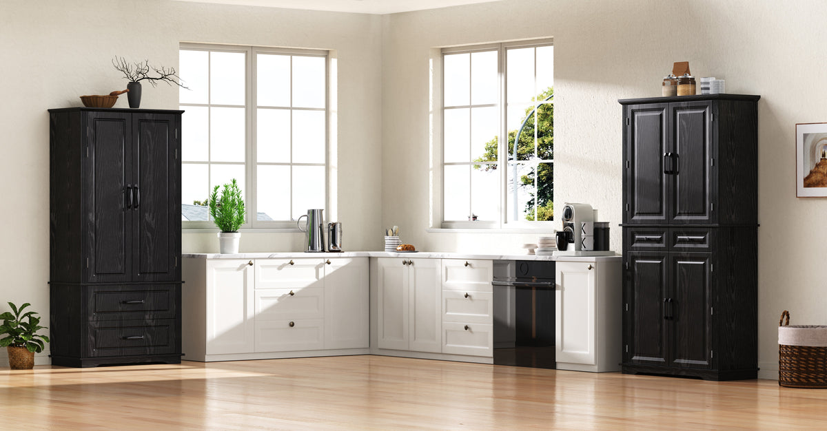 Black 71" Pantry Storage Cabinet with Pull-Out Organizers