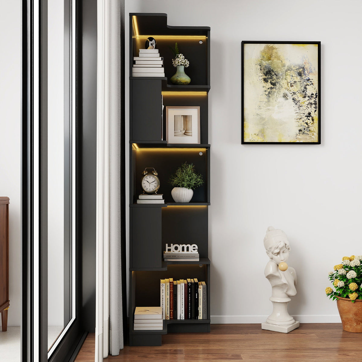 Black 5-Tier LED Corner Bookcase