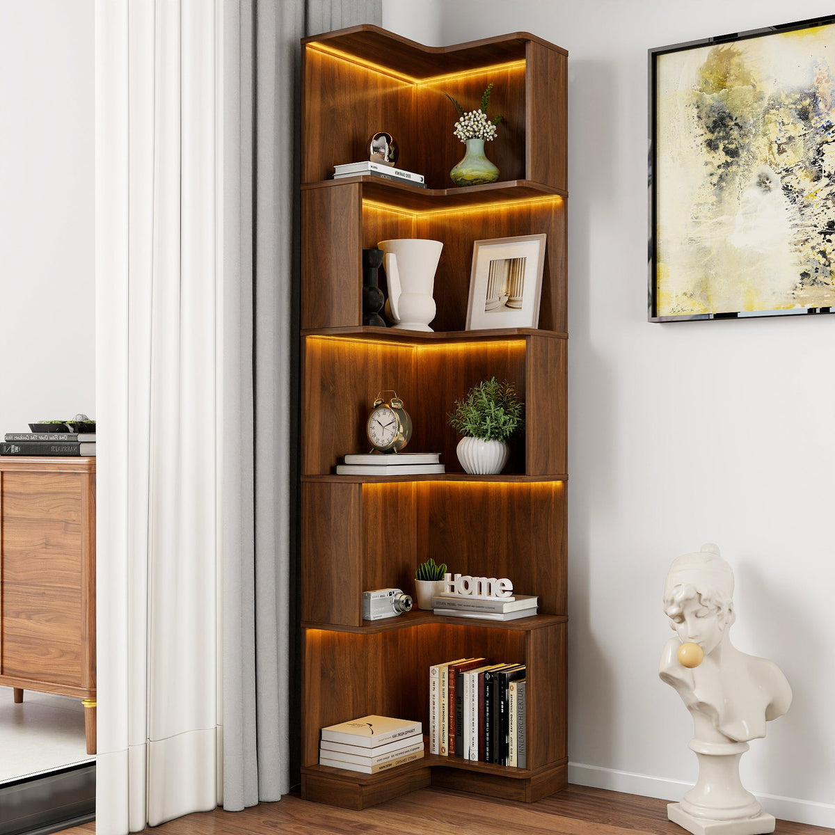 Walnut 5-Tier LED Corner Bookcase