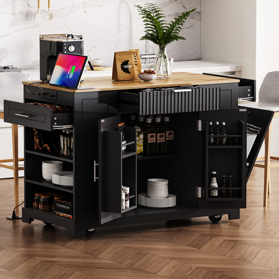 Black Fluted Kitchen Island with Concealed Trash Storage & Power