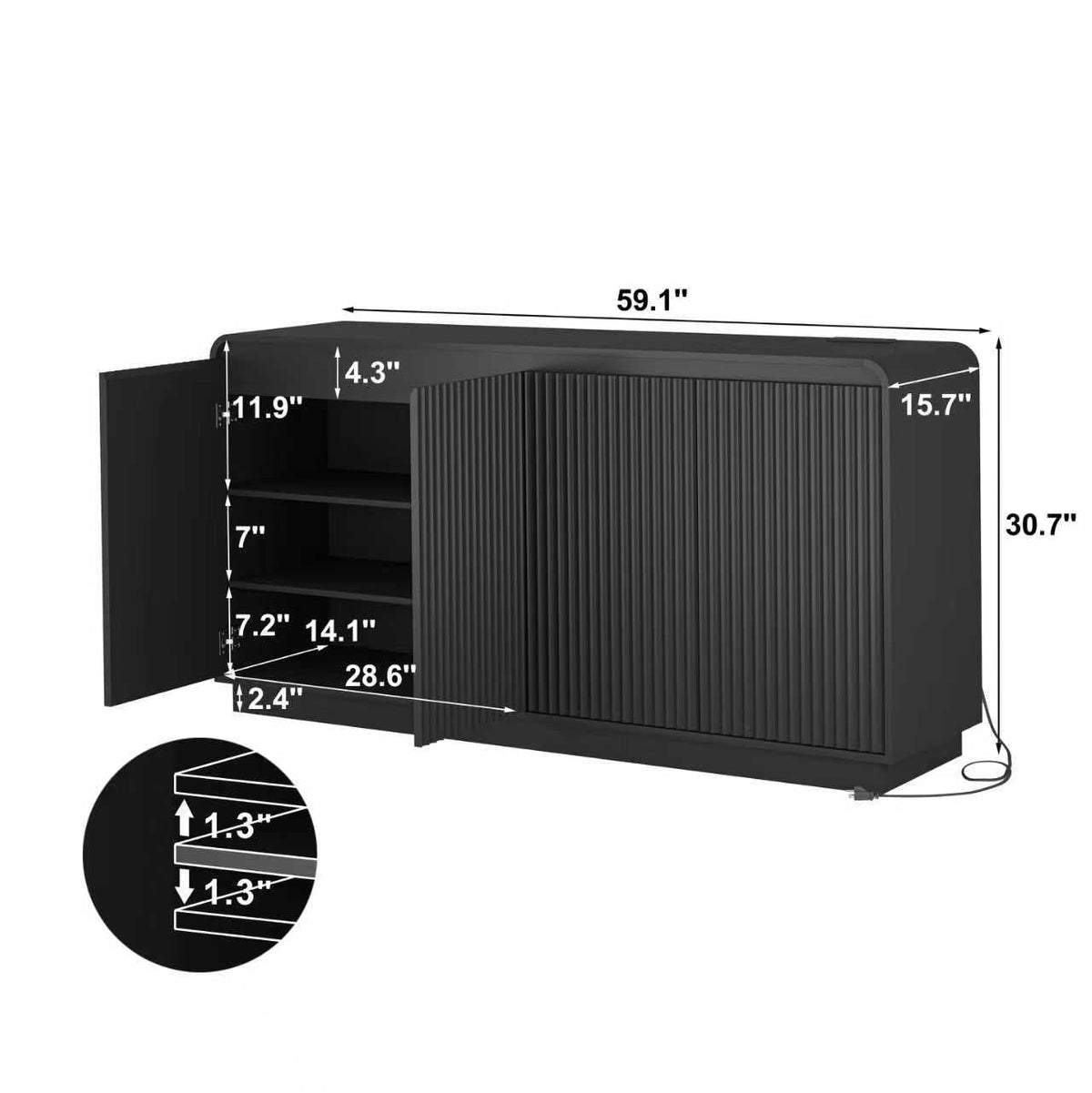 Black Fluted Media Console with Power Outlet
