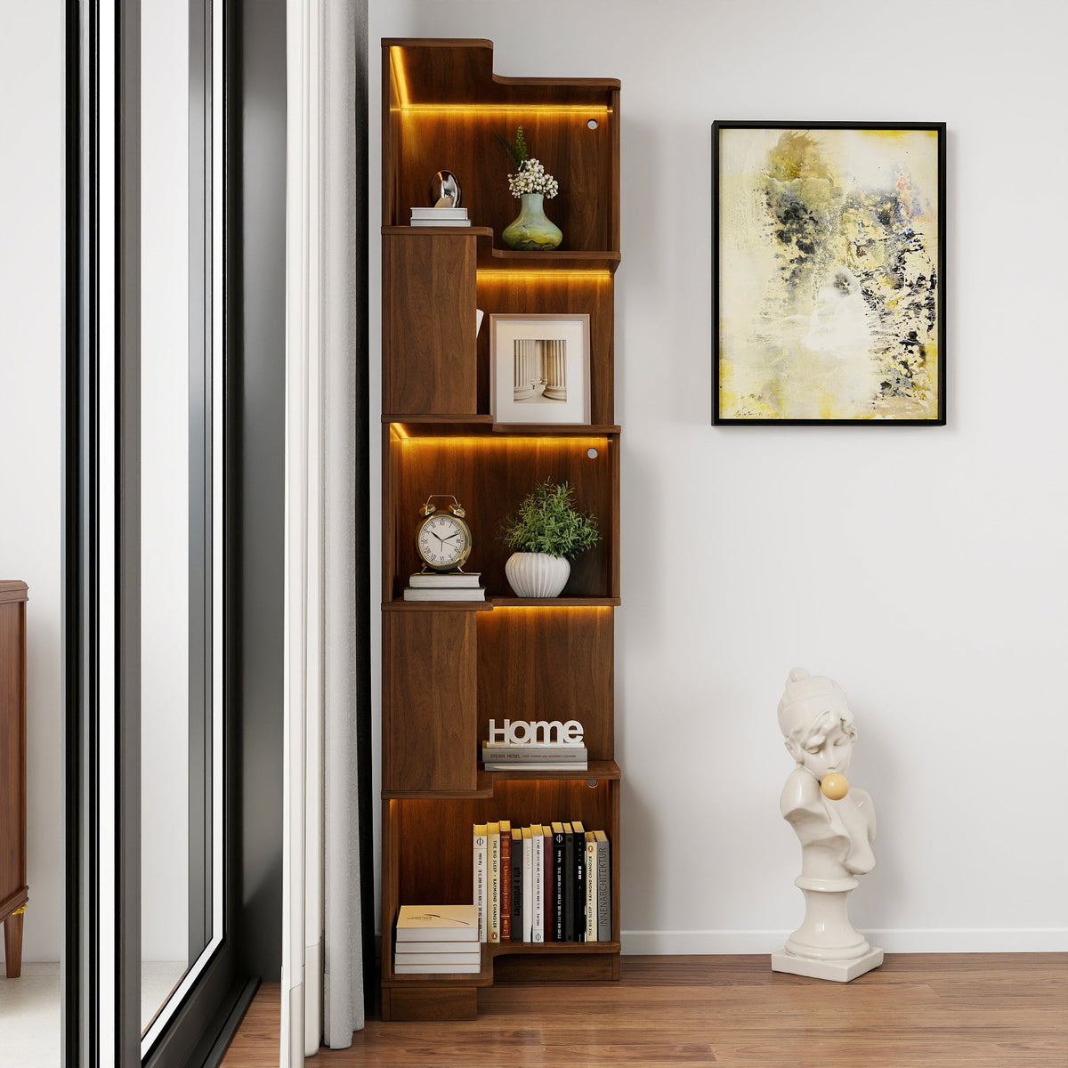 Walnut 5-Tier LED Corner Bookcase