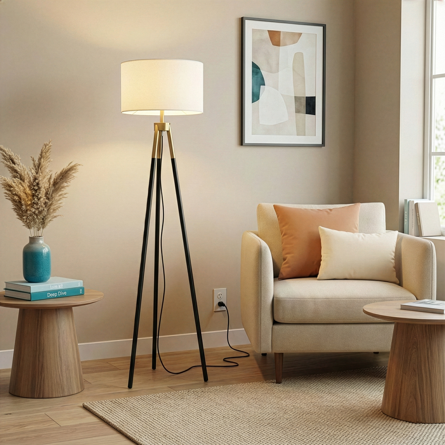 Black + Brushed Gold Tripod Floor Lamp