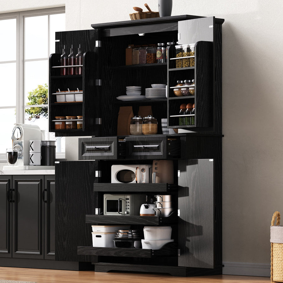 Black 71" Pantry Storage Cabinet with Pull-Out Organizers