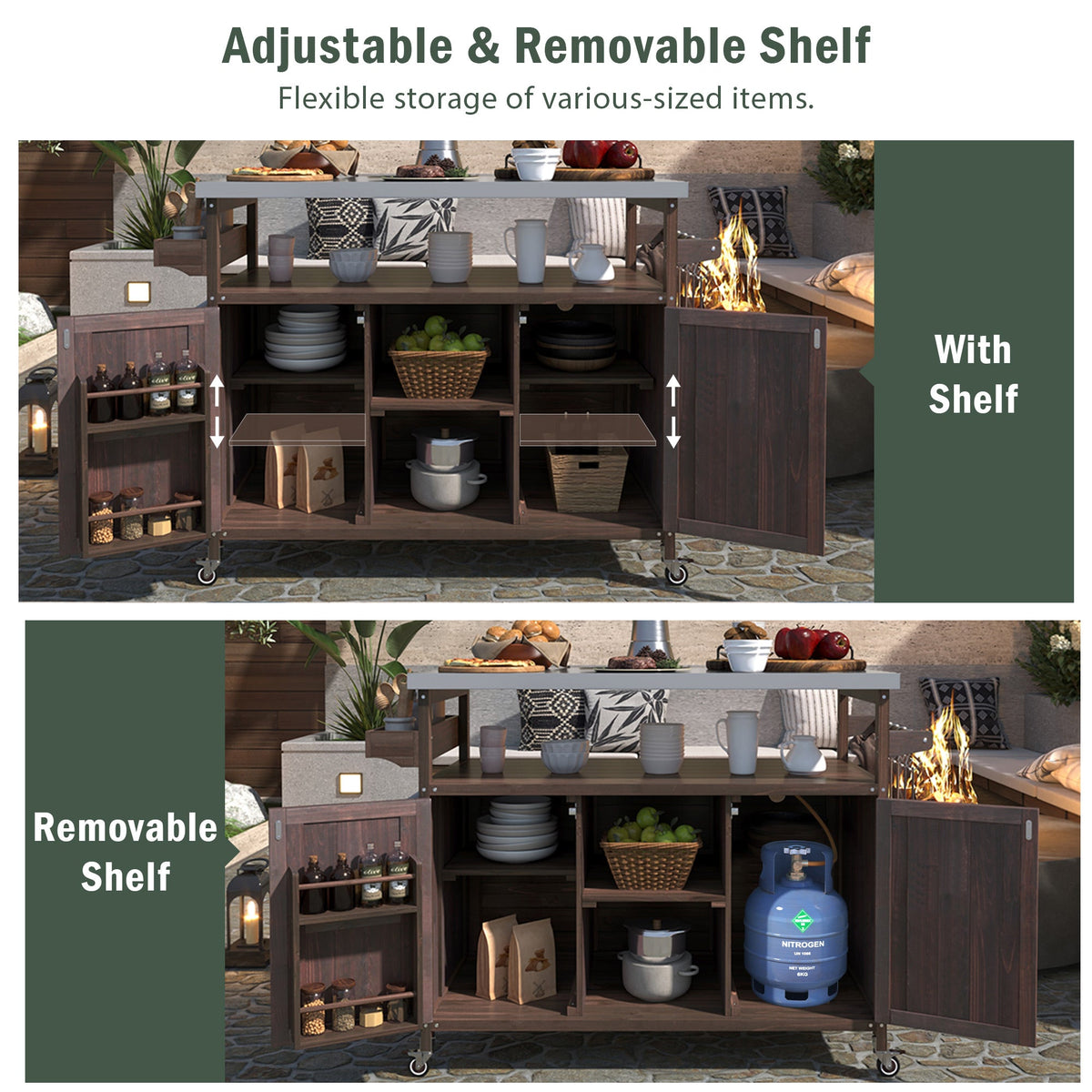 Dark Brown Outdoor Kitchen Island with Stainless Steel Top