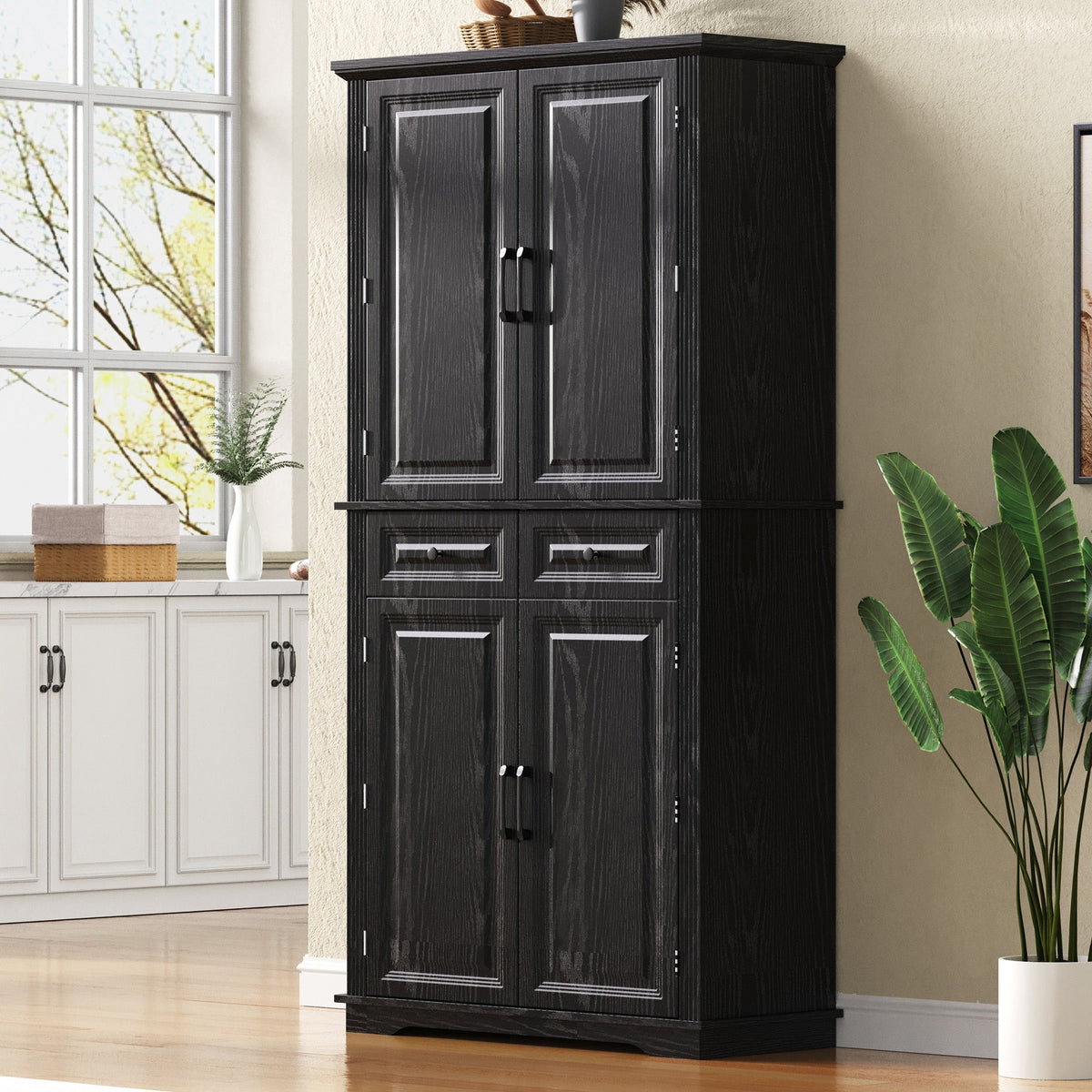 Black 71" Pantry Storage Cabinet with Pull-Out Organizers