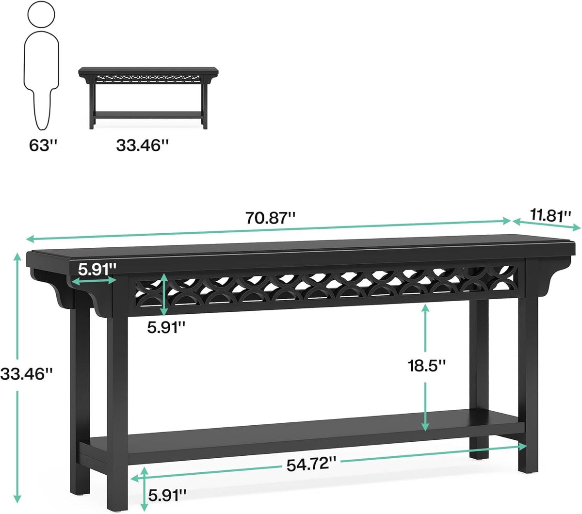 Black Solid Wood Console Table with Lower Shelf