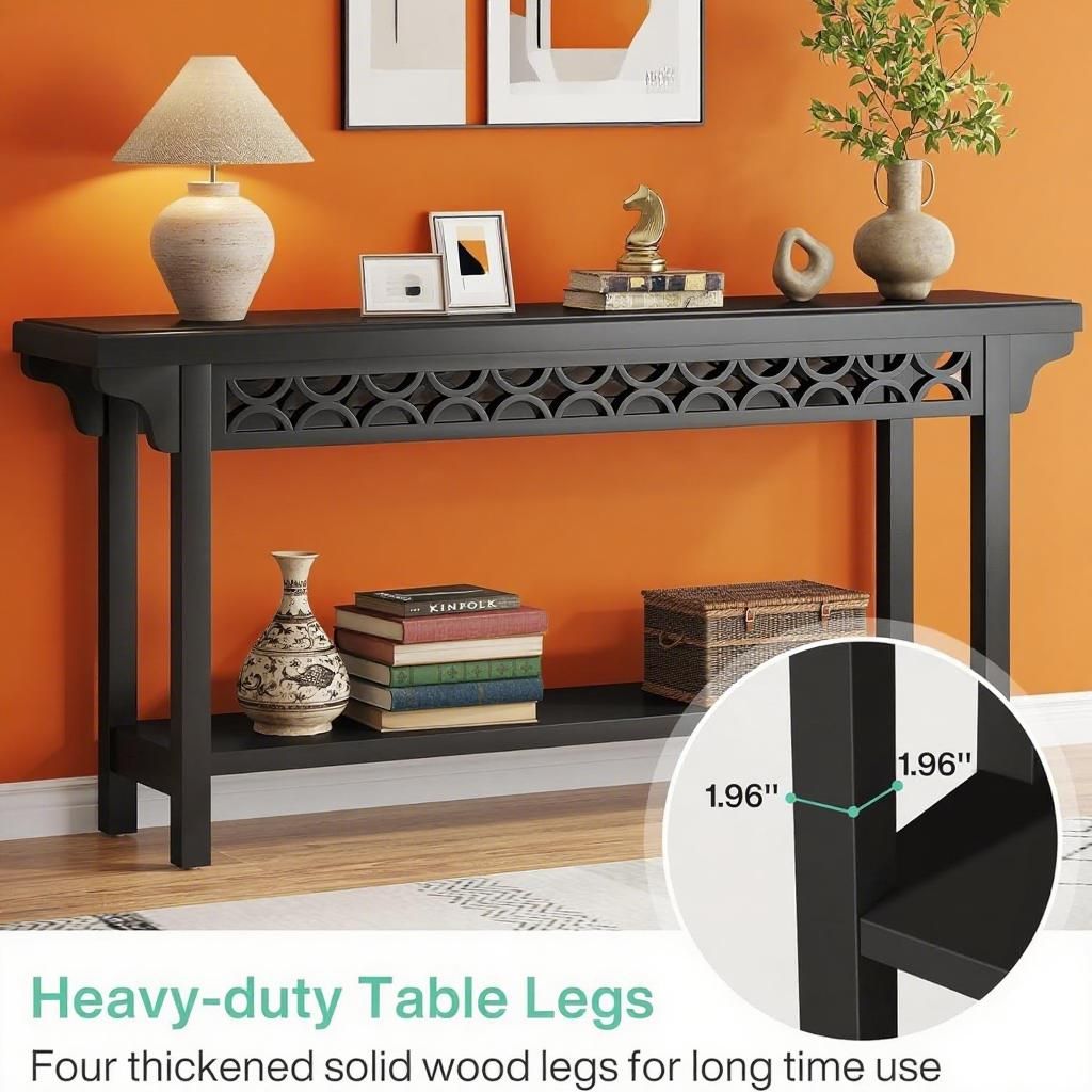 Black Solid Wood Console Table with Lower Shelf