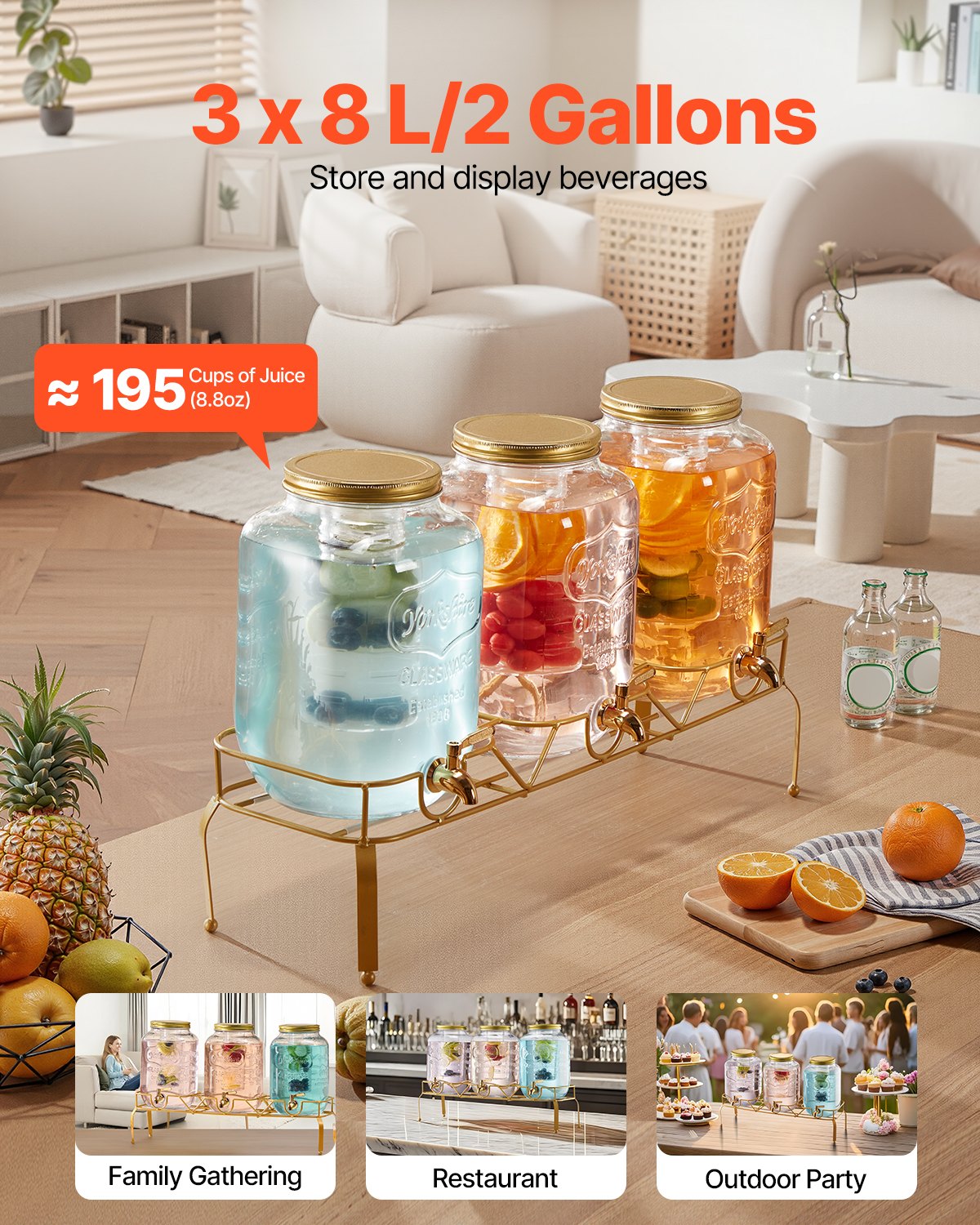 Triple 2-Gallon Beverage Dispenser with Metal Stand