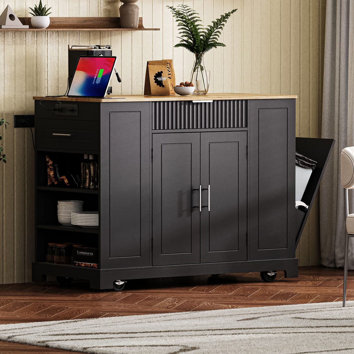 Black Fluted Kitchen Island with Concealed Trash Storage & Power