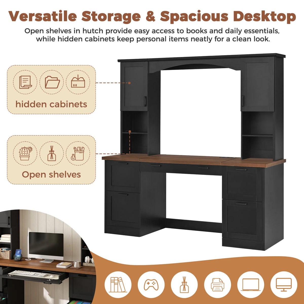 Black & Walnut Executive Workstation with Hutch