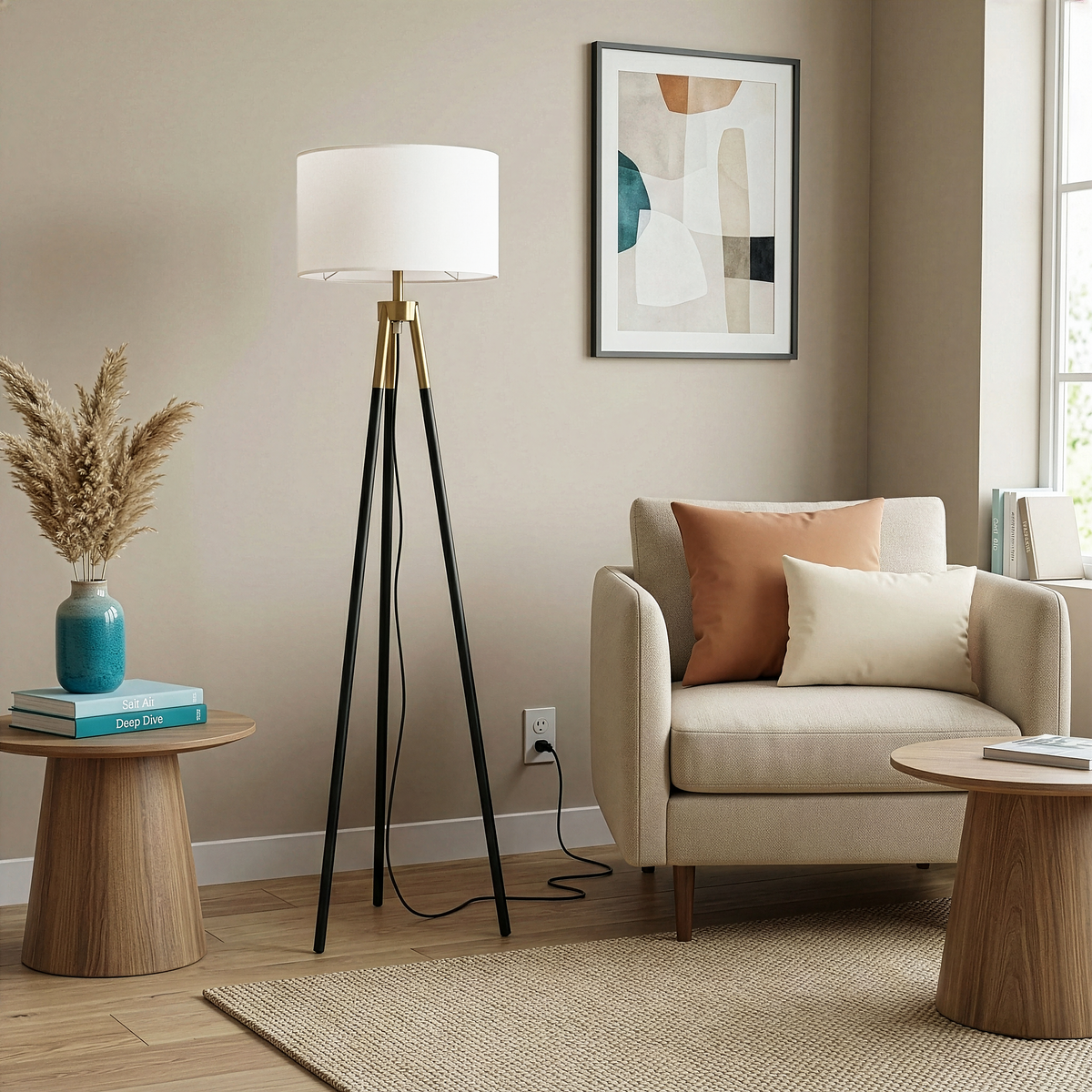 Black + Brushed Gold Tripod Floor Lamp