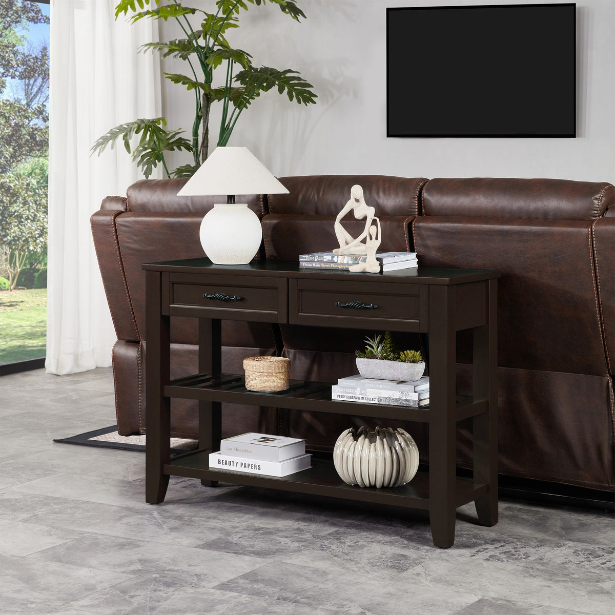 Light Coffee Console Table with Drawers & Open Shelves